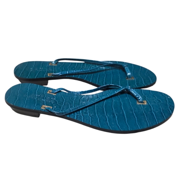 Lauren Ralph Lauren Teal Croc-Embossed Thong Sandals with Gold Accents - Picture 5 of 10